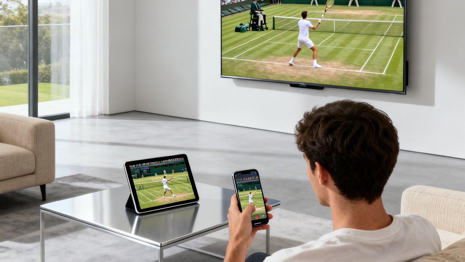 现代简约的客厅中，一位年轻男性手持智能手机观看网球比赛，面前的平板电脑和墙壁上的智能电视同步显示同一场赛事的不同视角，多设备之间无缝衔接。